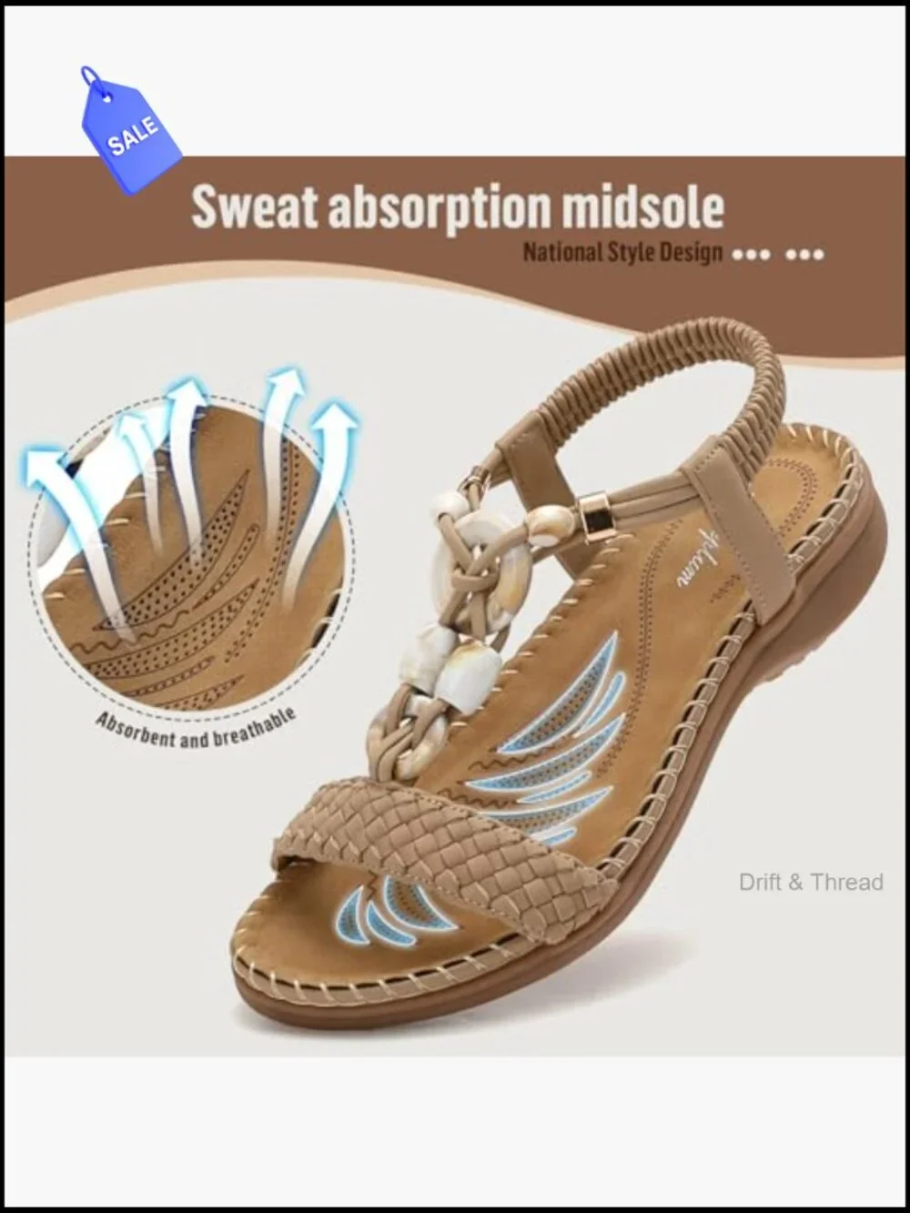 Women's Flat Sandals, Arch Support, Bohemian Braided, Comfort Walking